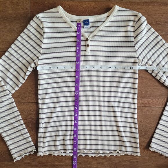 Old Navy Rib Henley Tee Girls Size XL 14-16 Cream Stripe Lettuce Edge Stretch - Picture 3 of 13